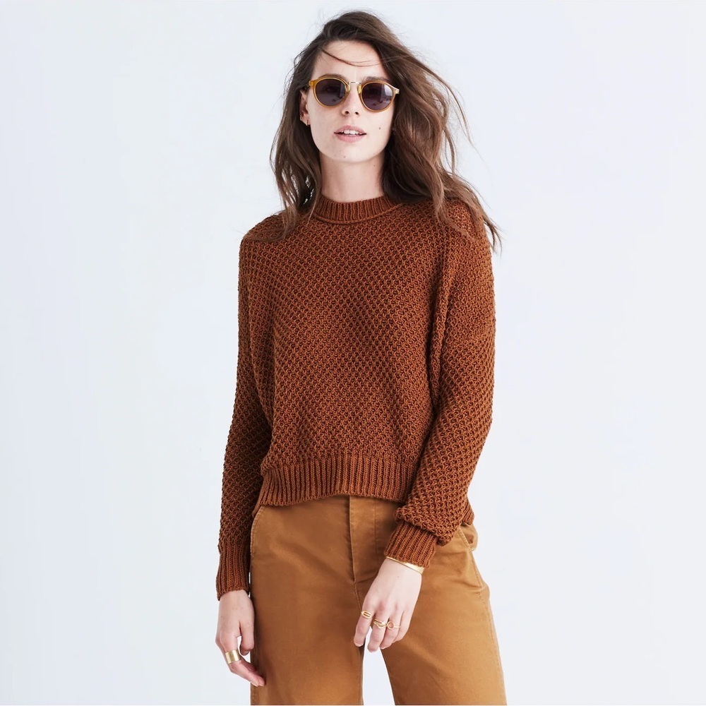 Madewell French Quarter Pullover Sweater Open Knit Crochet Style Size XS Brown